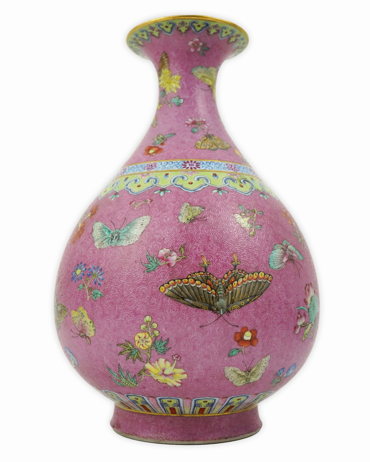 A Chinese pink-ground sgraffito pear-shaped vase, yuhuchunping, Daoguang six character seal mark and of the period (1821-50)